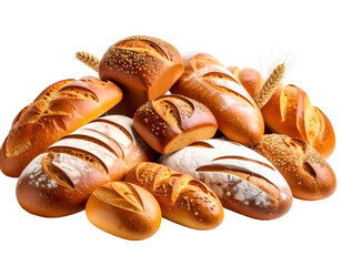 A bountiful display of various golden-crusted breads and rolls, highlighted by natural wheat stalks.
