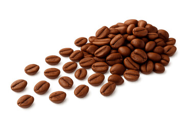 Roasted coffee beans piled up and spreading on transparent background
