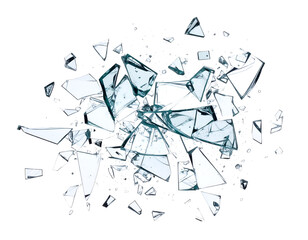 Dynamic shards of broken glass scatter explosively, capturing the essence of impact and destruction.