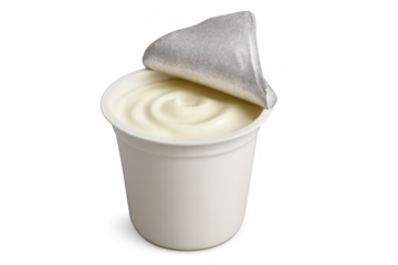 White yogurt cup with partially peeled foil lid on transparent background