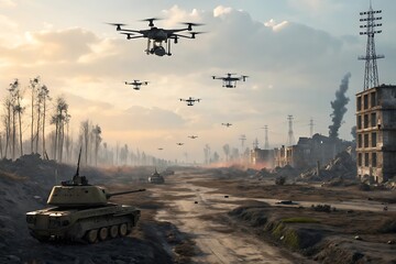 Futuristic drones swarm over desolate landscape. War-torn terrain shows devastation. Aerial surveillance fleet flies in air.  Future conflict. Drone army AI Generated.