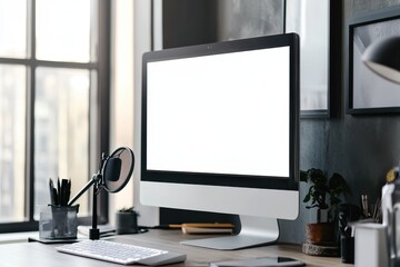 Fototapeta premium A minimalist podcast studio featuring a microphone, a computer with a white screen mockup, and decor, A sleek podcast studio featuring a microphone, a computer with a blank white screen 