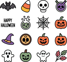 Fototapeta premium Collection of cute and colorful halloween icons with text happy halloween