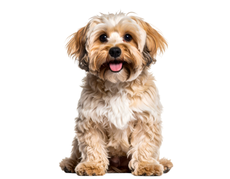 A charming fluffy Havanese dog sits attentively, looking directly at the viewer with a happy expression.