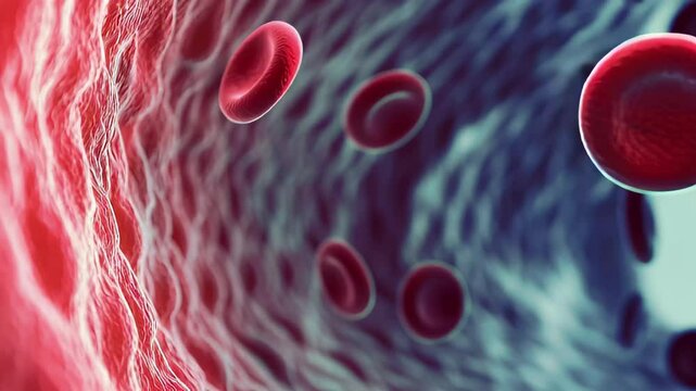 Microscopic view reveals red blood cells moving through human bloodstream, Microscopic view of red blood cells flowing through a blood vessel