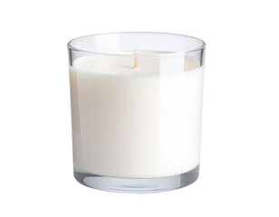 A pristine white candle in a sleek glass container ready to bring warmth and comfort to any space.