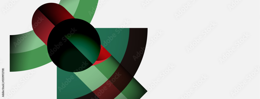 Poster abstract geometric design. overlapping shapes create dynamic composition. green, red, black hues dom