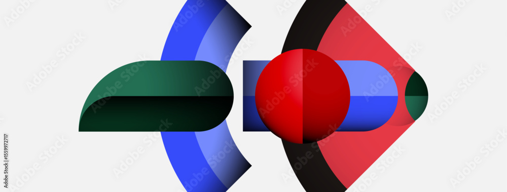 Poster abstract geometric shapes overlap, creating vibrant color contrasts. blue, red, green elements domin