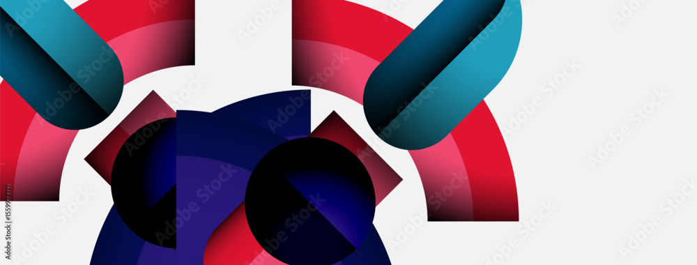 Poster Abstract shapes overlap, creating dynamic composition. Red, blue, dark tones dominate white background. Modern design elements present.