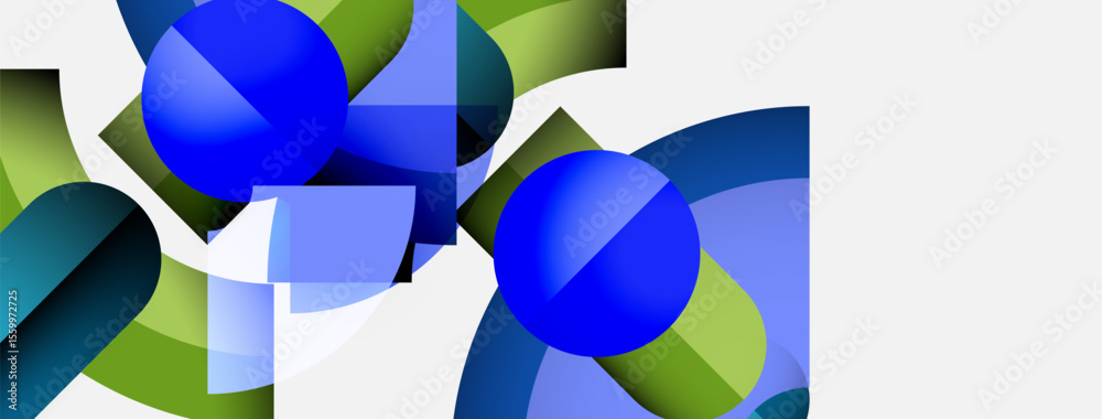 Poster Abstract composition features blue spheres, green shapes, overlapping forms. Minimalist design with vibrant colors, clean aesthetic.