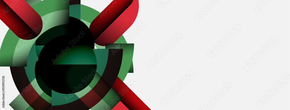 Poster abstract design features swirling green, red shapes. central black void creates dynamic visual impac