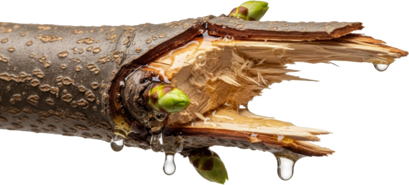 Close up of a broken tree branch with sap and new buds wood texture nature transparent background
