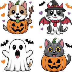 Four cute cartoon animals dressed for halloween with pumpkins bats and hearts