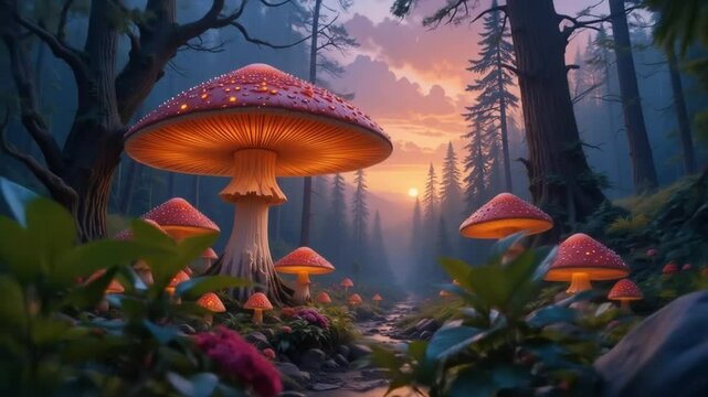 Glowing Mushrooms in Fantasy Forest at Sunset. 4k video