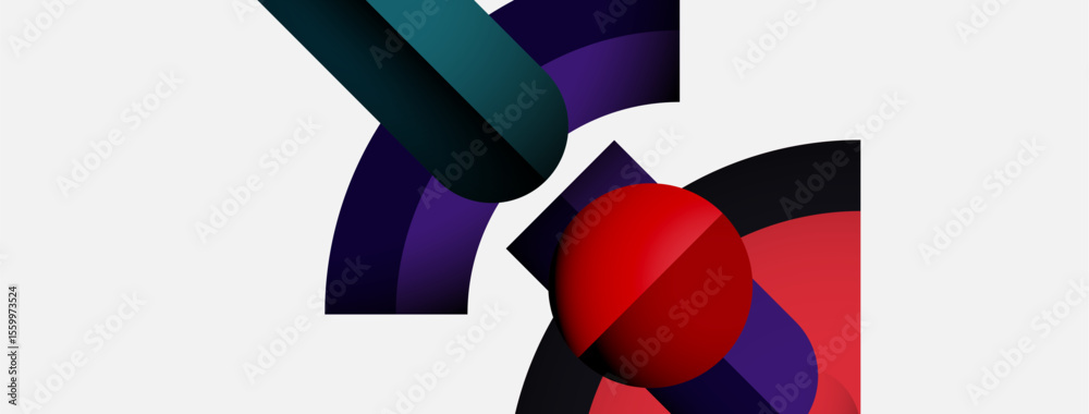 Poster Abstract shapes intersect, creating dynamic composition. Red sphere contrasts with purple, teal hues on white background. Modern design.