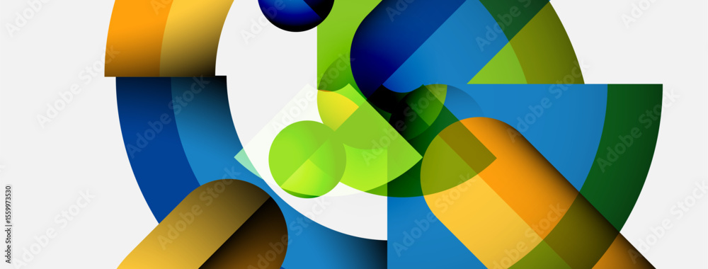 Poster abstract geometric shapes overlap, creating vibrant color blends. composition feels dynamic, modern,