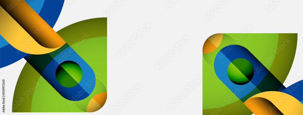 Poster abstract design features vibrant curves, spheres, overlapping shapes. green, blue, yellow hues domin