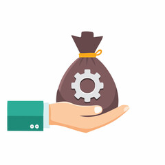 Fototapeta premium Hand of Innovation: An artistic illustration depicts a hand delicately holding a bag, emblazoned with a cogwheel emblem, symbolizing financial ingenuity.