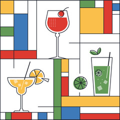 Summer Cocktails. Illustration in Mondrian style. For banners, posters, postcards