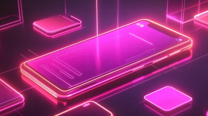 Neon pink smartphone, surrounded by glowing blocks, on dark surface