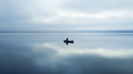 Fisherman in small boat at center of enormous lake, perfectly still water mirroring overcast sky