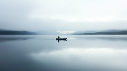 Fisherman in small boat at center of enormous lake, perfectly still water mirroring overcast sky 