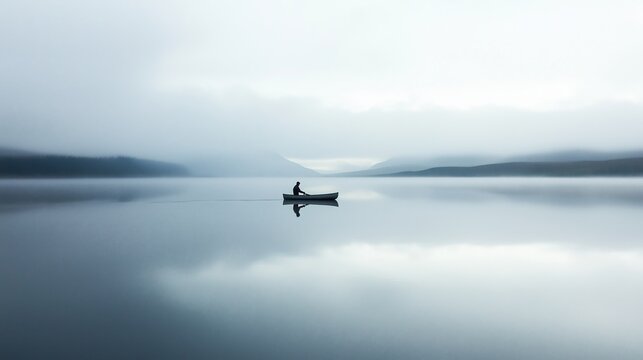 Fisherman in small boat at center of enormous lake, perfectly still water mirroring overcast sky  - Powered by Adobe