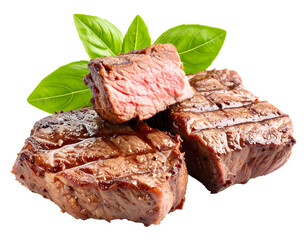 Juicy grilled beef steaks showcasing a perfect medium-rare doneness with fresh aromatic basil.