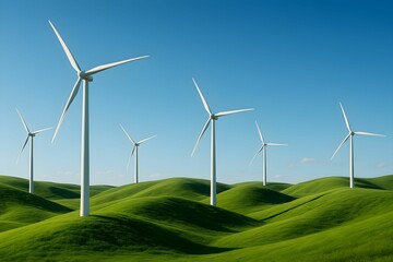 Fototapeta premium Wind Turbines on Rolling Hills under Clear Blue Sky – Clean Energy and Sustainable Landsca
