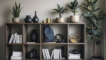 Minimalist Wood Shelf with Books, Plants, and Student Accessories