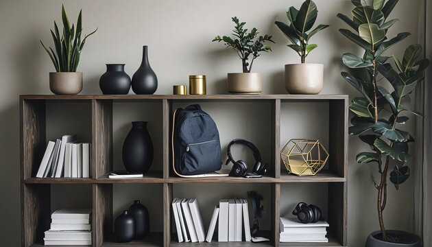 Minimalist Wood Shelf with Books, Plants, and Student Accessories
