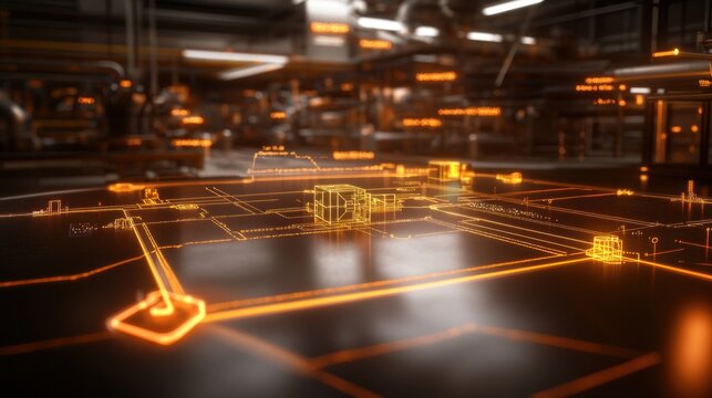 High-tech factory floor map overlaid with glowing orange lines - Powered by Adobe