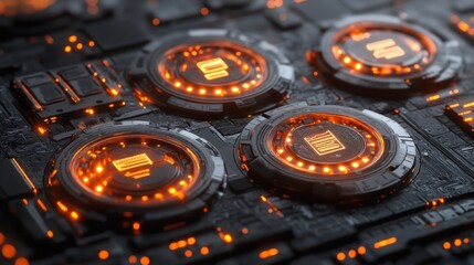 Close-up of futuristic circuit board with glowing orange components