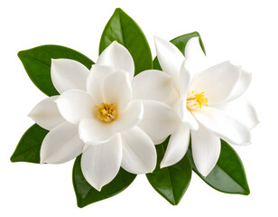 Two pristine white gardenia blossoms with lush green leaves showcase natural beauty and elegance.
