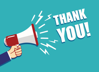 Thank you. Hand hold megaphone. Flat style. Vector illustration