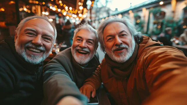 Happy diverse group enjoying outdoor selfie during a sunny day in a lively cafe, Happy different aged people taking selfie in outdoor bar Cinematic