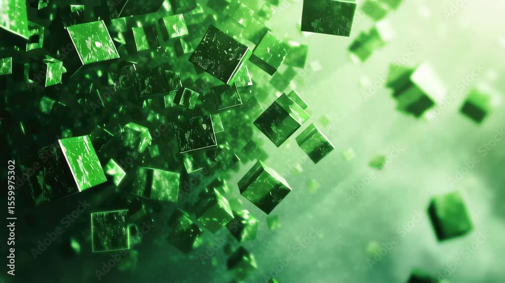 Poster Dynamic movement of green cubes creating an abstract visual experience in motion graphics, Green cubes appear fast Abstract motion graphics Seamless 3D render