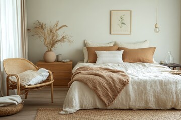 A bedroom with soft earth tones, minimal decor, and a calming atmosphere, A tranquil bedroom with earthy colors, simple decor, and a peaceful ambiance, ideal for restful moments