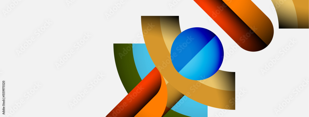 Poster abstract geometric shapes overlap, creating dynamic composition. colors include blue, orange, brown,