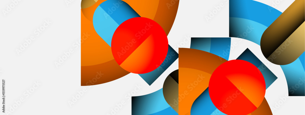 Aufkleber Abstract geometric composition. Shapes overlap, creating dynamic visual interest. Red circles contrast with blue, brown tones. Modern design.