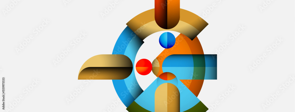 Poster Abstract geometric shapes overlap, creating colorful composition. Circles, arcs, rectangles form dynamic visual pattern. Clean design.