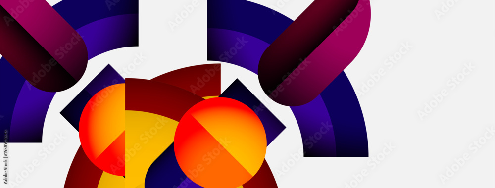 Aufkleber Abstract composition features vibrant geometric shapes. Circles, triangles overlap creating dynamic visual interest. Colors blend, contrast beautifully.