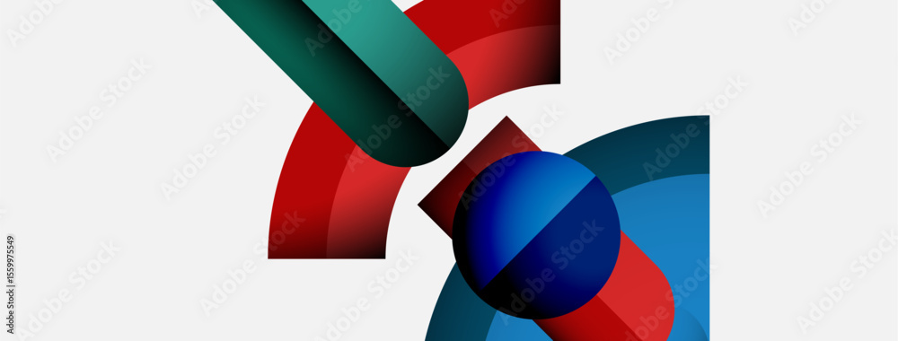 Poster Abstract shapes intersect, creating dynamic composition. Red, blue, teal colors dominate white background. Modern design elements present.