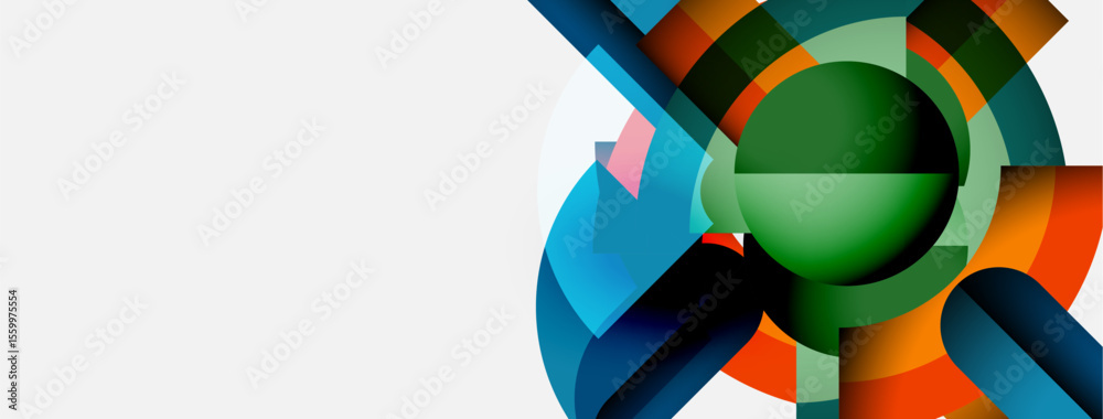 Poster abstract geometric shapes overlap, creating vibrant circular design. colors include teal, orange, gr