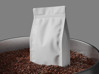 Pouch Packaging for Coffee Bag Mockup with Coffee Beans and Metal Bowl