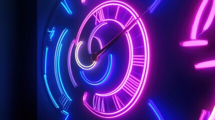 Neon-lit, stylized clock with swirling, colorful lines