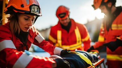 Emergency responders assist injured person in rescue operation during daylight in urban setting