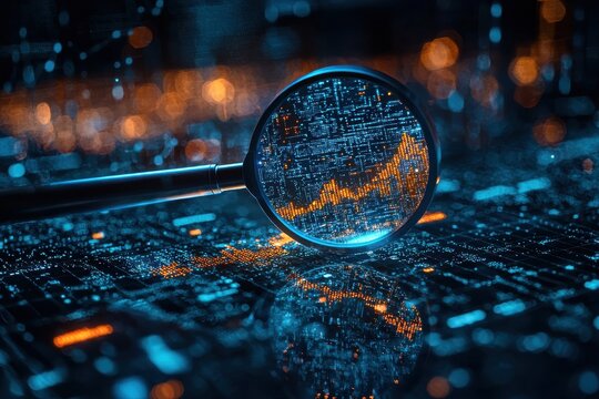 Magnifying glass analyzing a glowing digital chart in a futuristic data concept