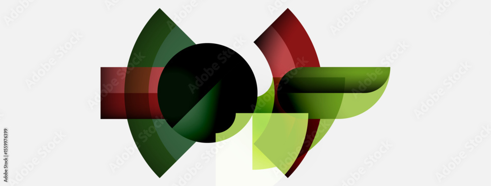 Poster abstract shapes overlap, creating dynamic composition. green, red, black hues dominate design. minim