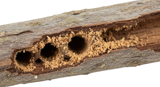 Dry wood log with multiple circular insect boreholes filled with sawdust and debris transparent background